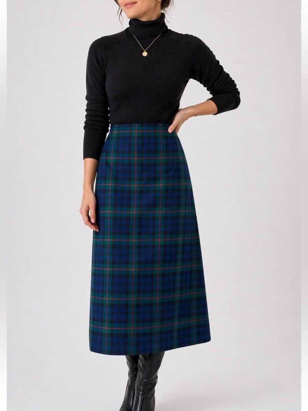 Vintage 70s Pendleton Midi Skirt Virgin Wool Plaid Tartan Green Navy Women’s 10